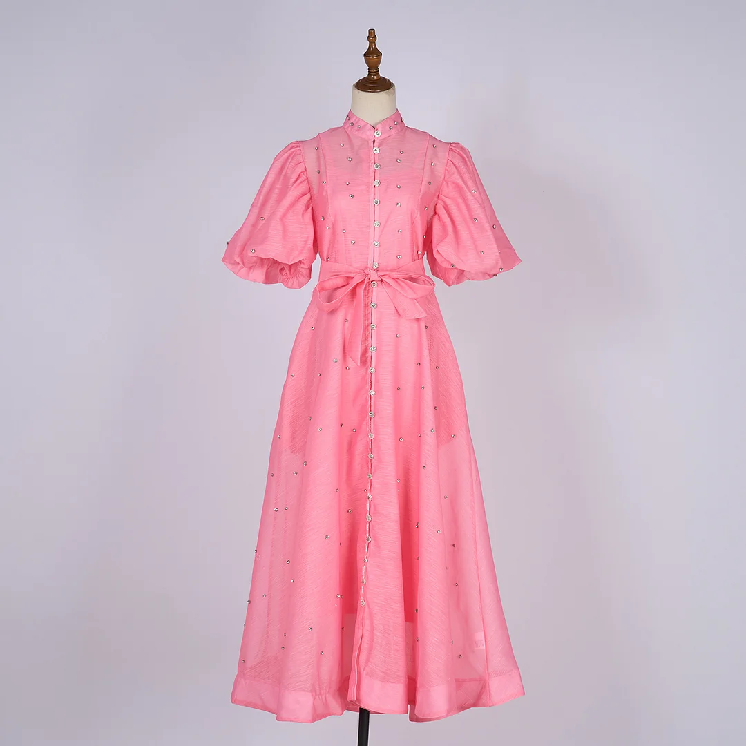 Nigikala Nigikala Court Style High Design Feeling Heavy Industry Nail Drill Short Sleeve Single Buckle Dress + Sling