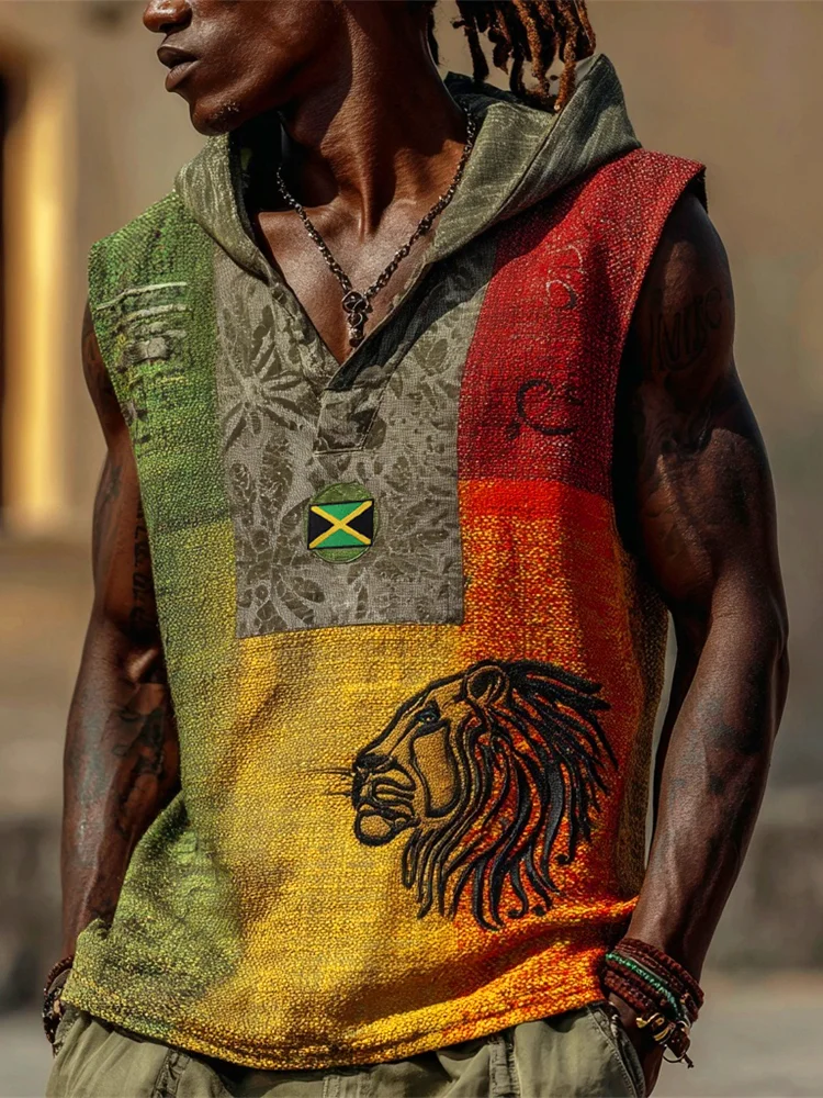 VChics Reggae Rasta Lion Embroidered Vintage Men's Linen Hooded Tank