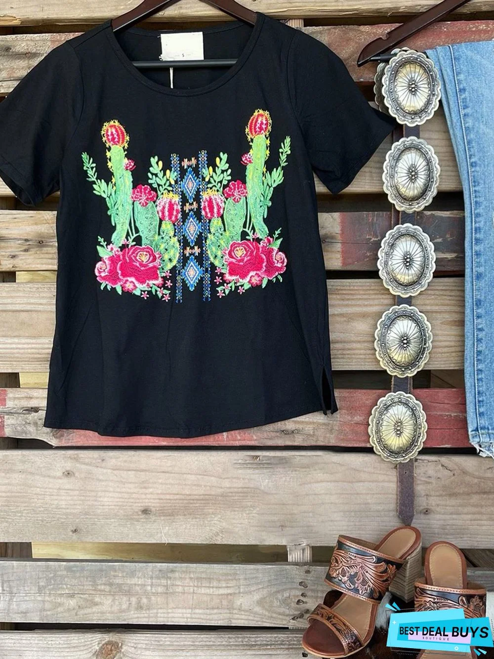 Vintage Cactus Crew Neck Short Sleeve T-shirt