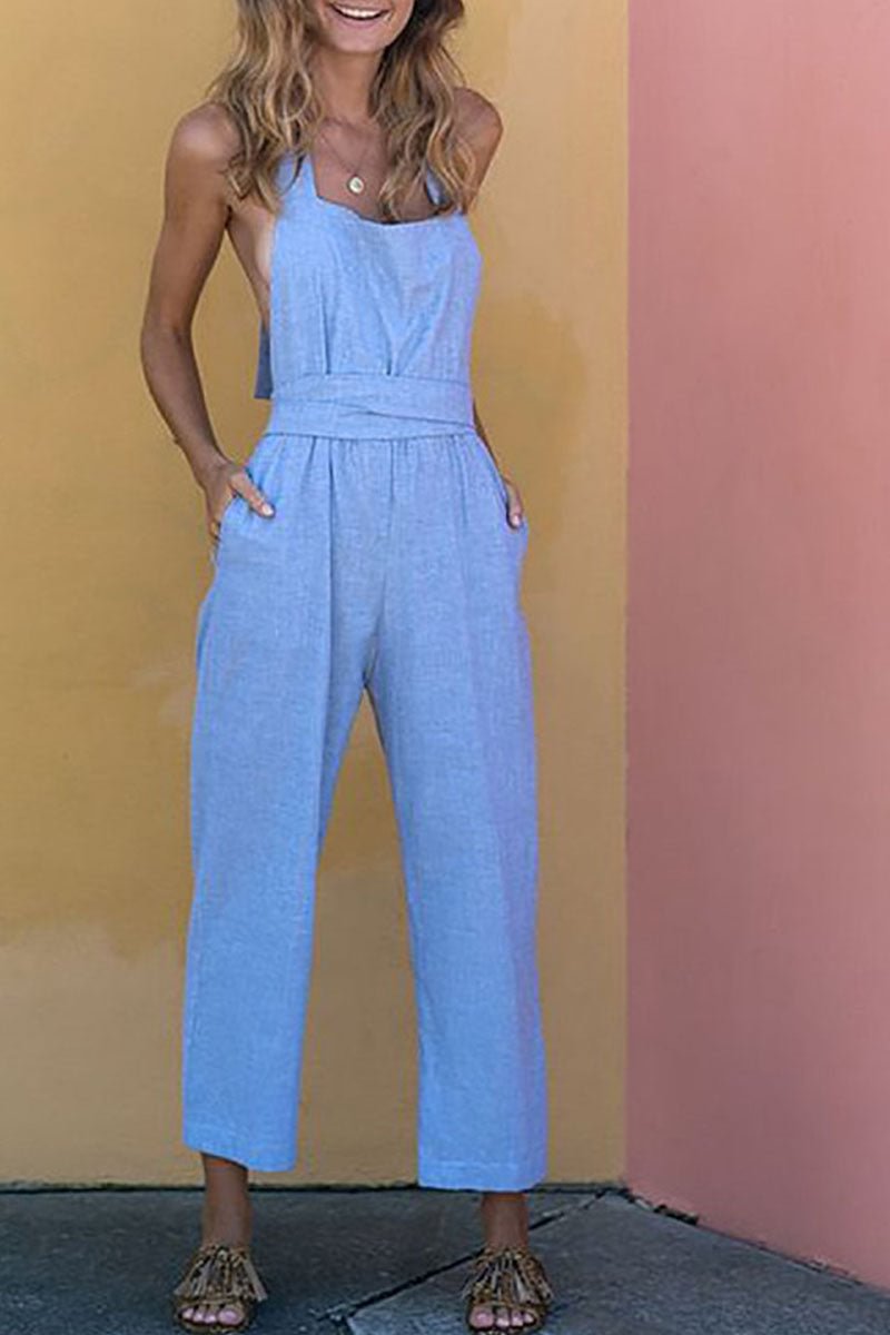 Fashion Street Solid Backless Halter Loose Jumpsuits