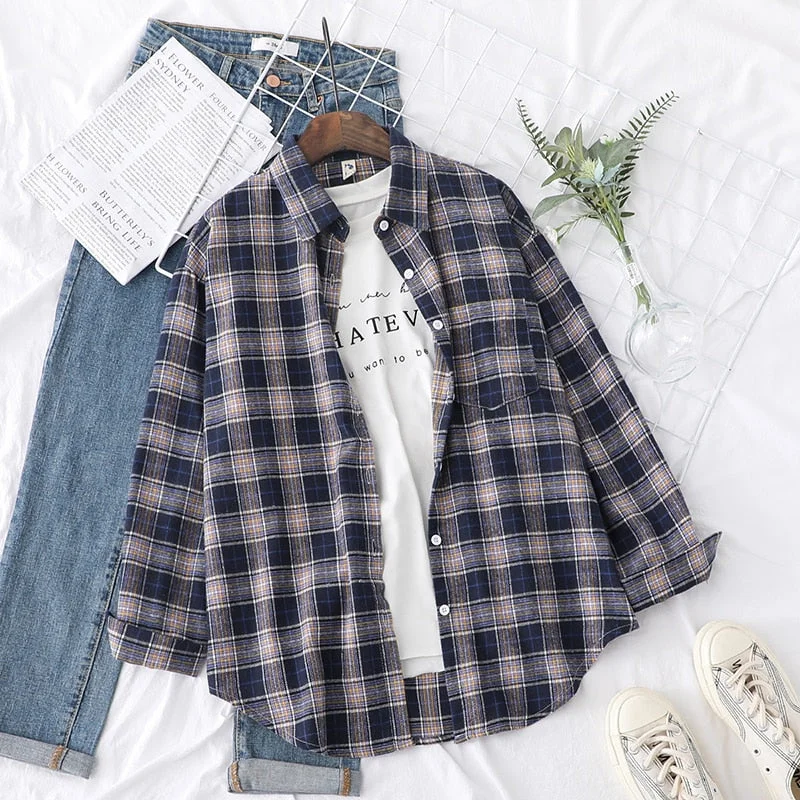 2021 New Long Sleeve Loose Casual Womens Plaid Shirt Fine Fresh College Style Design Blouses And Tops Female Checked Clothes
