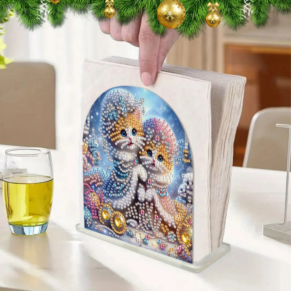 5D DIY Cat Acrylic Diamond Art Painting Napkin Holder Set