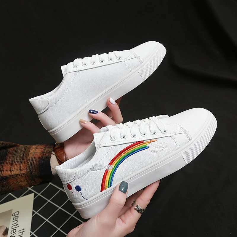 Christmas Gift Women's White Ladies Shoes Fashion Rainbow Embroidered Flat Shoes Casual Vulcanized Shoes Sneakers Women Autumn 2021 Trainers
