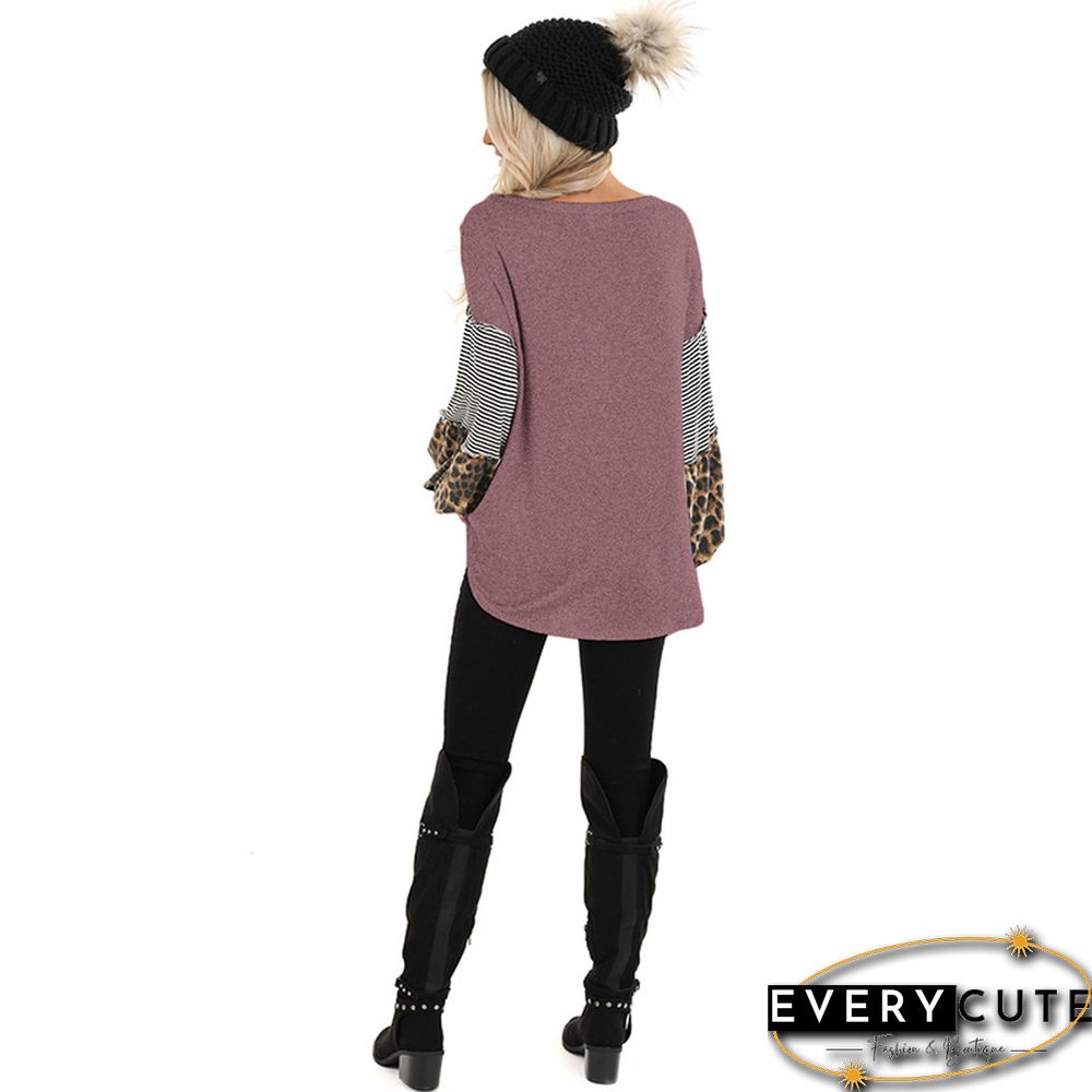 Rust Red Stripes and Leopard Print Puff Sleeve Tops