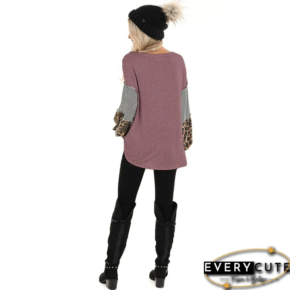 Rust Red Stripes and Leopard Print Puff Sleeve Tops