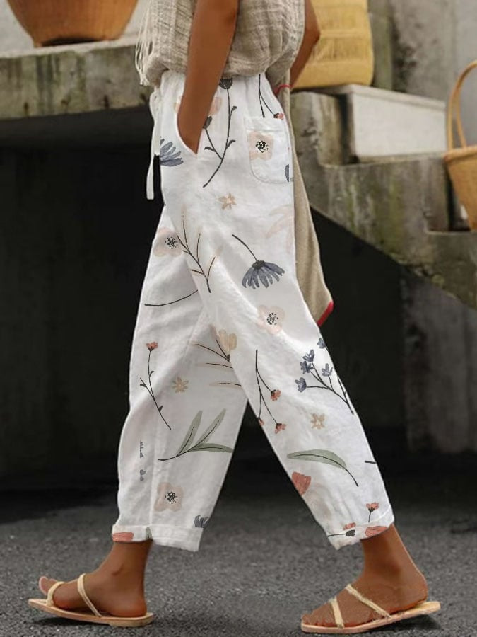 Mature Women Linen Pants Drawstring Leisure Trousers