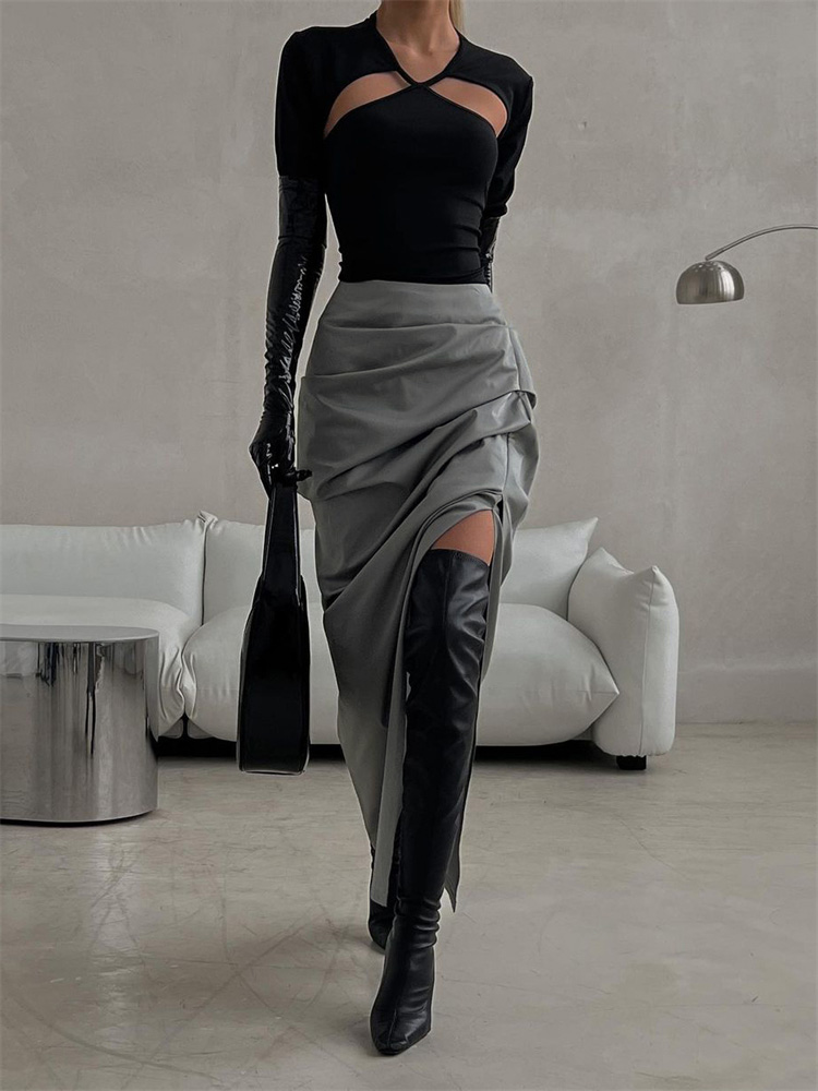 Ootddress Summer For Women Split Y2K Pencil Skirts Bodycon High Waist Solid Fashion Ladies Streetwear Pleated Irregular Maxi Skirt
