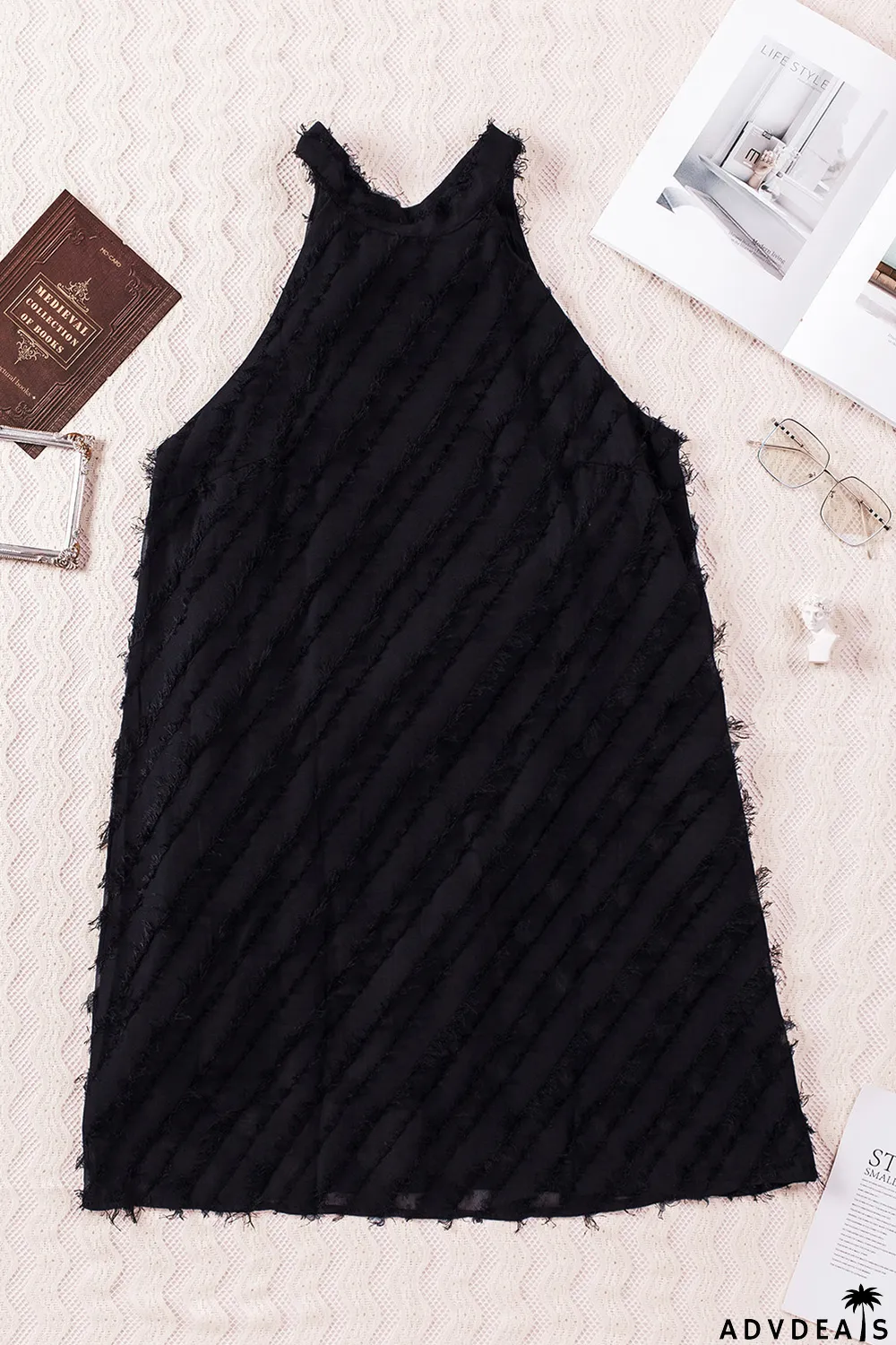 Black Textured Halter Lace-up Sleeveless Mini Dress