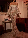 Off-The-Shoulder Long Sleeve Shiny See-Through Backless Evening Maxi Dress