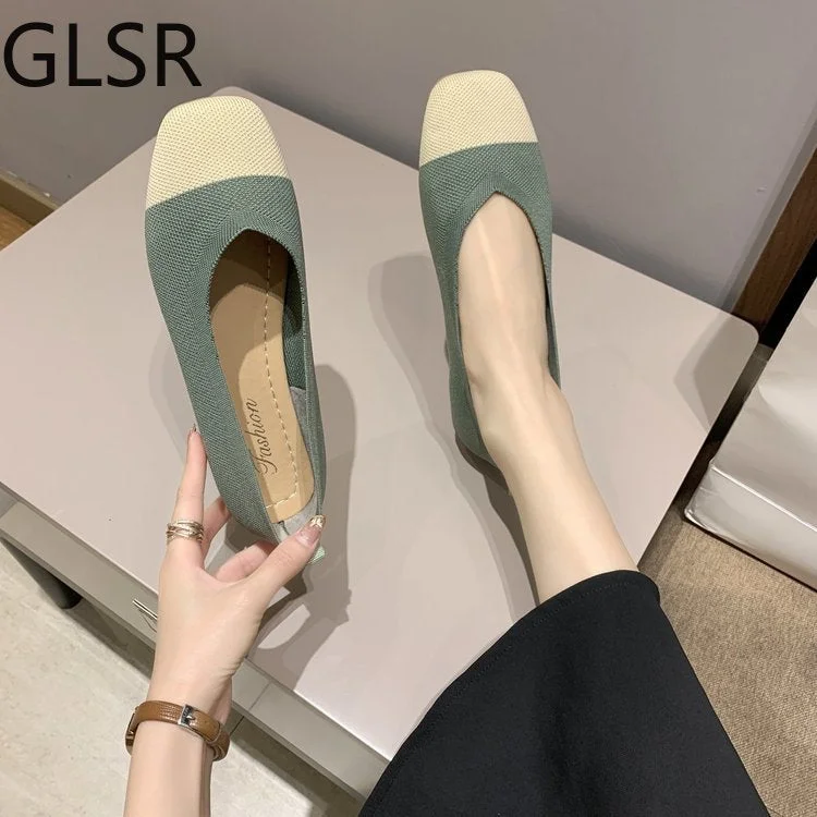 2020 NEW Women Slip On Flat Loafers Patchwork Square Toe Shallow Ballet Flats Shoes knitting Casual Flat Shoes Ballerina Flats
