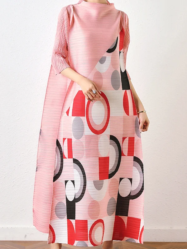 Fashion Roomy Geometric Stamped Pleated Midi Dress