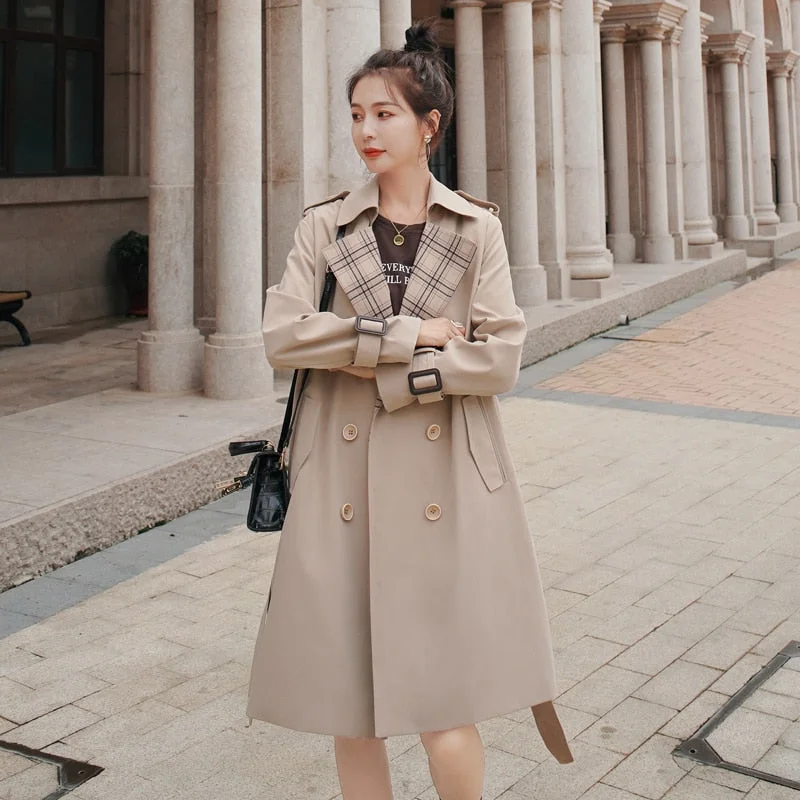 Fashion England Style Women Trench Coat Double-Breasted Long Duster Coat Plaid Patchwork Outerwear Spring Autumn Windbreaker