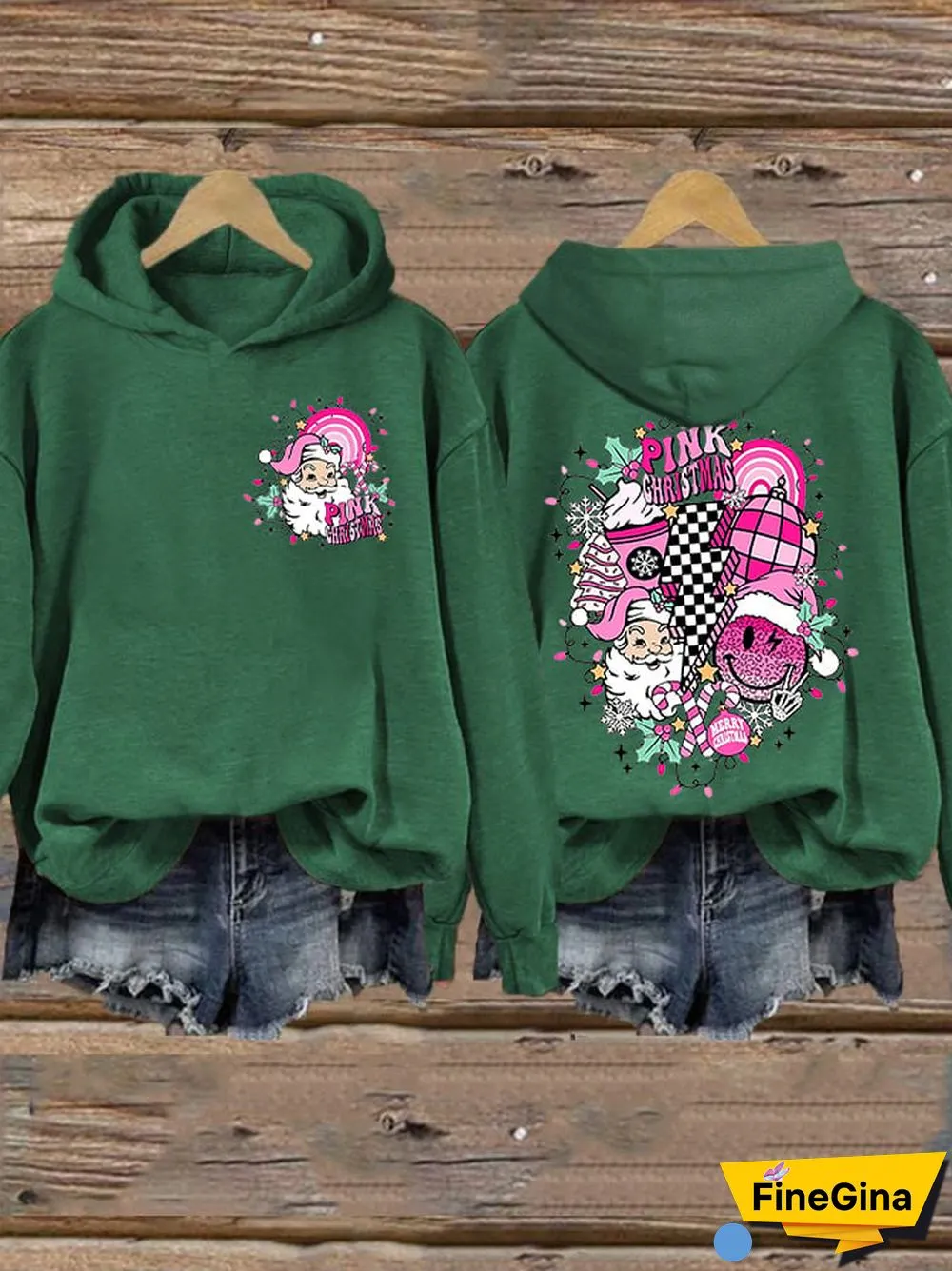 Women&rsquo;s Merry Christmas Retro Pink Christmas Pink Santa Claus Printed Hoodie