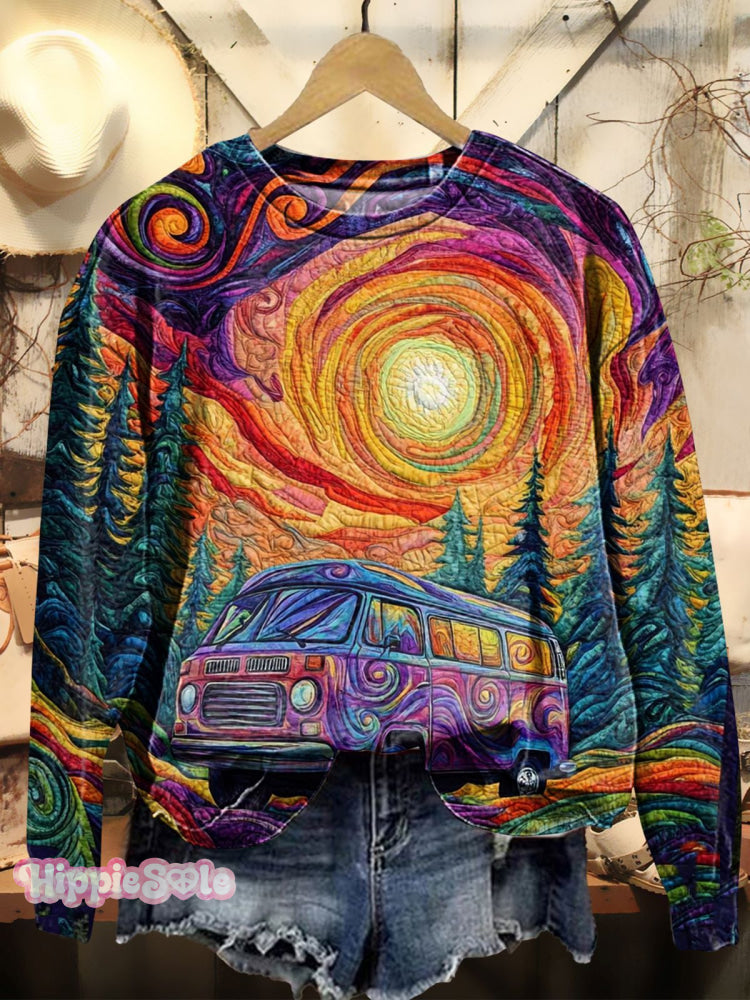 Women’s Colorful Hippie Bus Textured Pattern Prints Casual Sweatshirt Multicolor / S