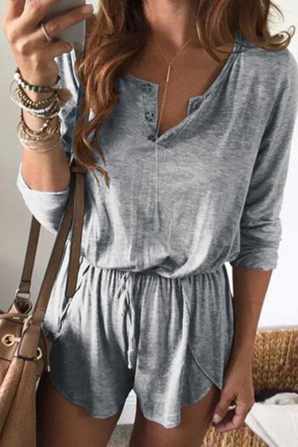 Casual Long Sleeve Solid Color Romper P10540