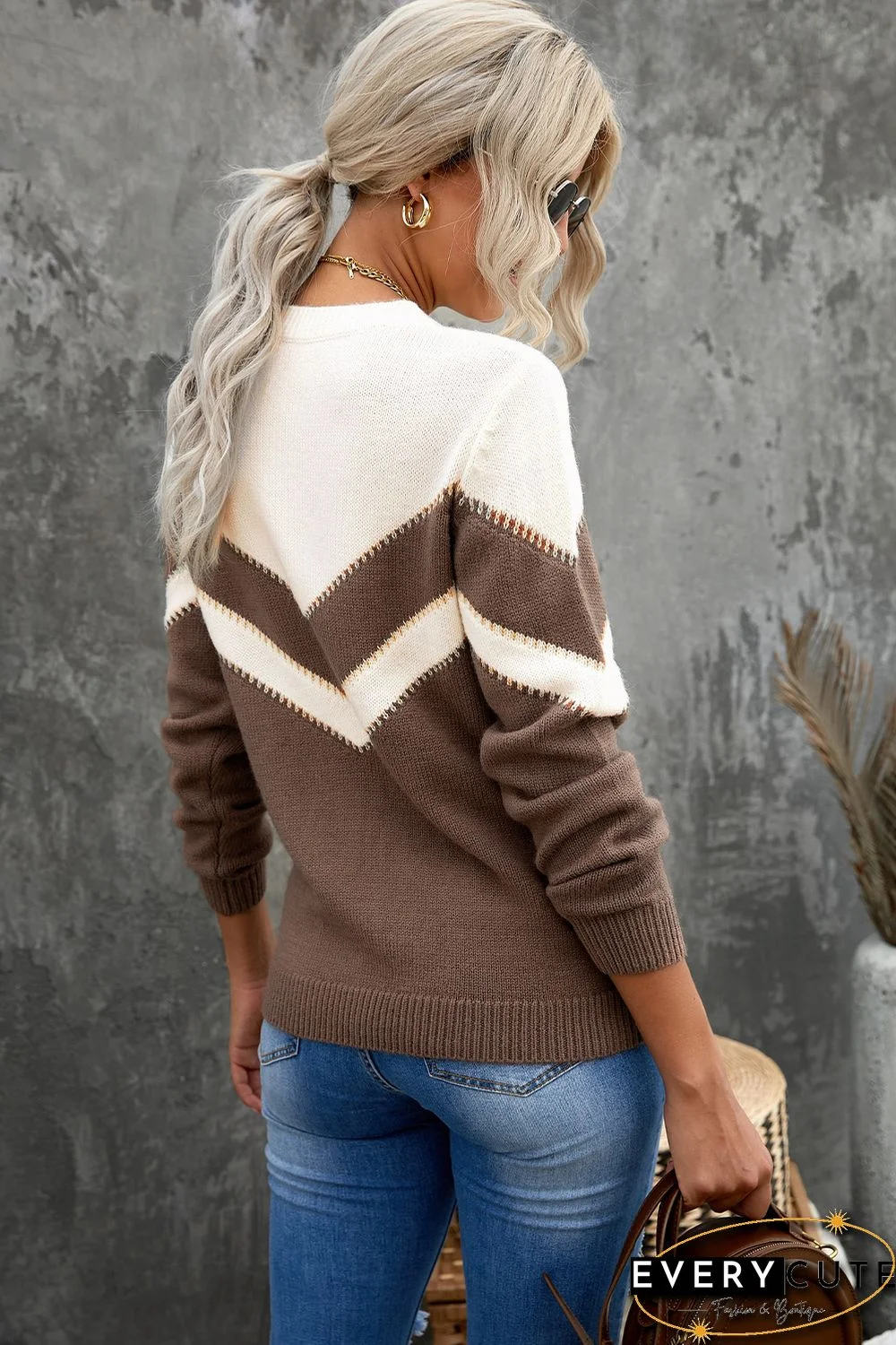 Khaki Chevron Colorblock Crew Neck Sweater