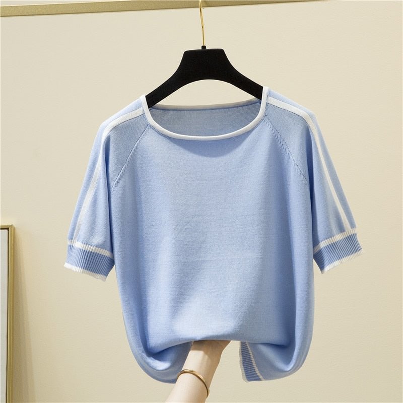 Camisetas Mujer Short Sleeve 2022 Summer Blouse Thin Knitted Shirt Women Tops Woman Clothes Striped Fashion Shirt Femme 18841