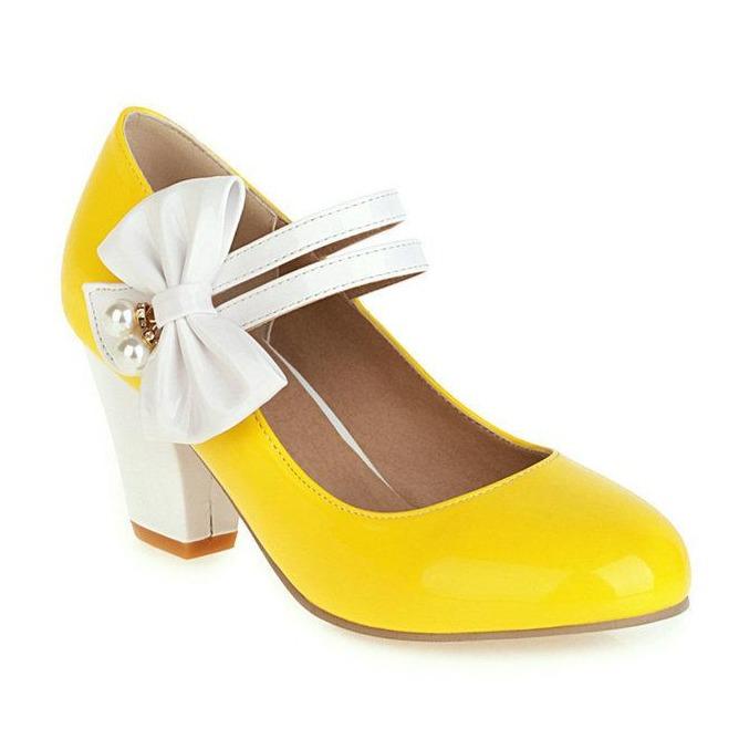Women spring summer cute side bow chunky high heel pumps