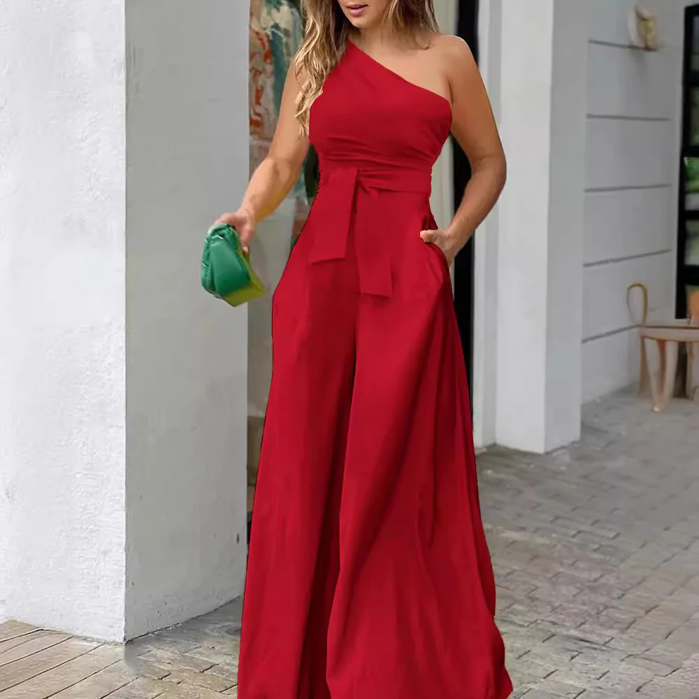 Uveng Uveng Women's 2023 Summer Diagonal Collar Irregular Off-Shoulder High-Waist Bag Wide Leg Pants Casual Jumpsuit