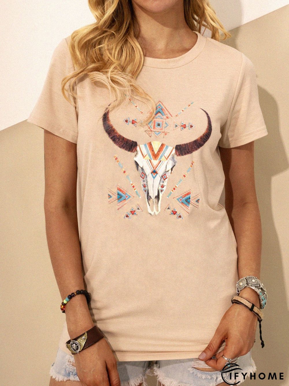 Apricot Shift Animal Paneled Short Sleeve T-shirt | IFYHOME