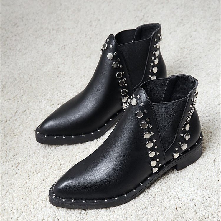 Black Chelsea Boots Studs Block Heel Ankle Boots |FSJ Shoes
