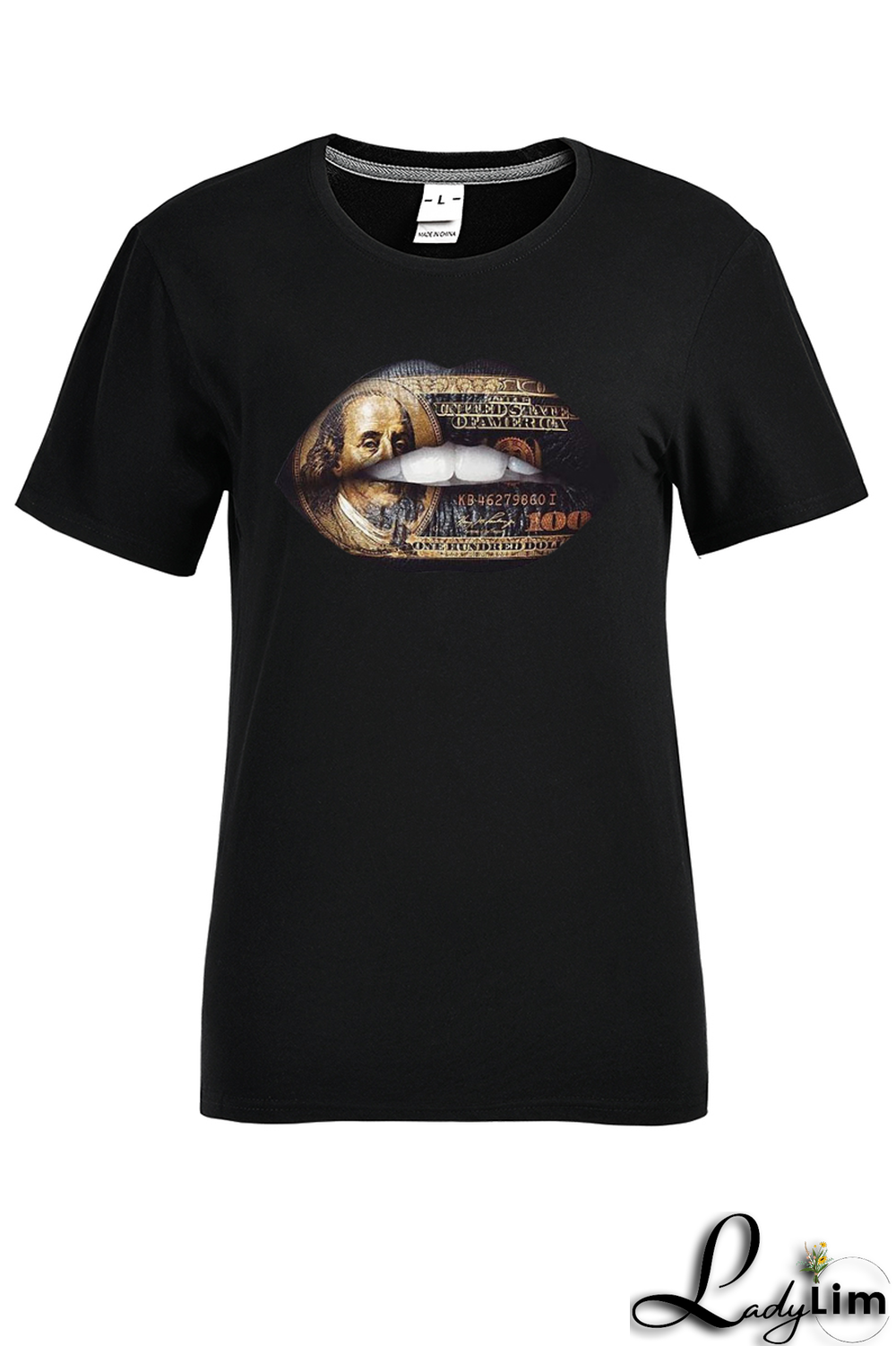 Black Fashion Street Lips Printed Patchwork O Neck T-Shirts