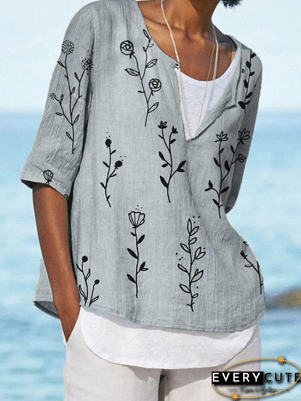 Light V Neck Floral Printed Half Sleeve Shirt