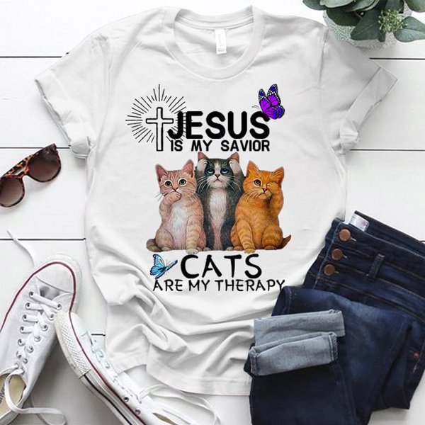 Cat Lovers "Jesus Is My Savior Cats Are My Therapy" Women / Ladies T Shirt S-3XL; God Shirts; Cat T Shirts for Women; Women Blouse; Jesus Shirts; Christian&Cat Lovers Gifts - BlackFridayBuys