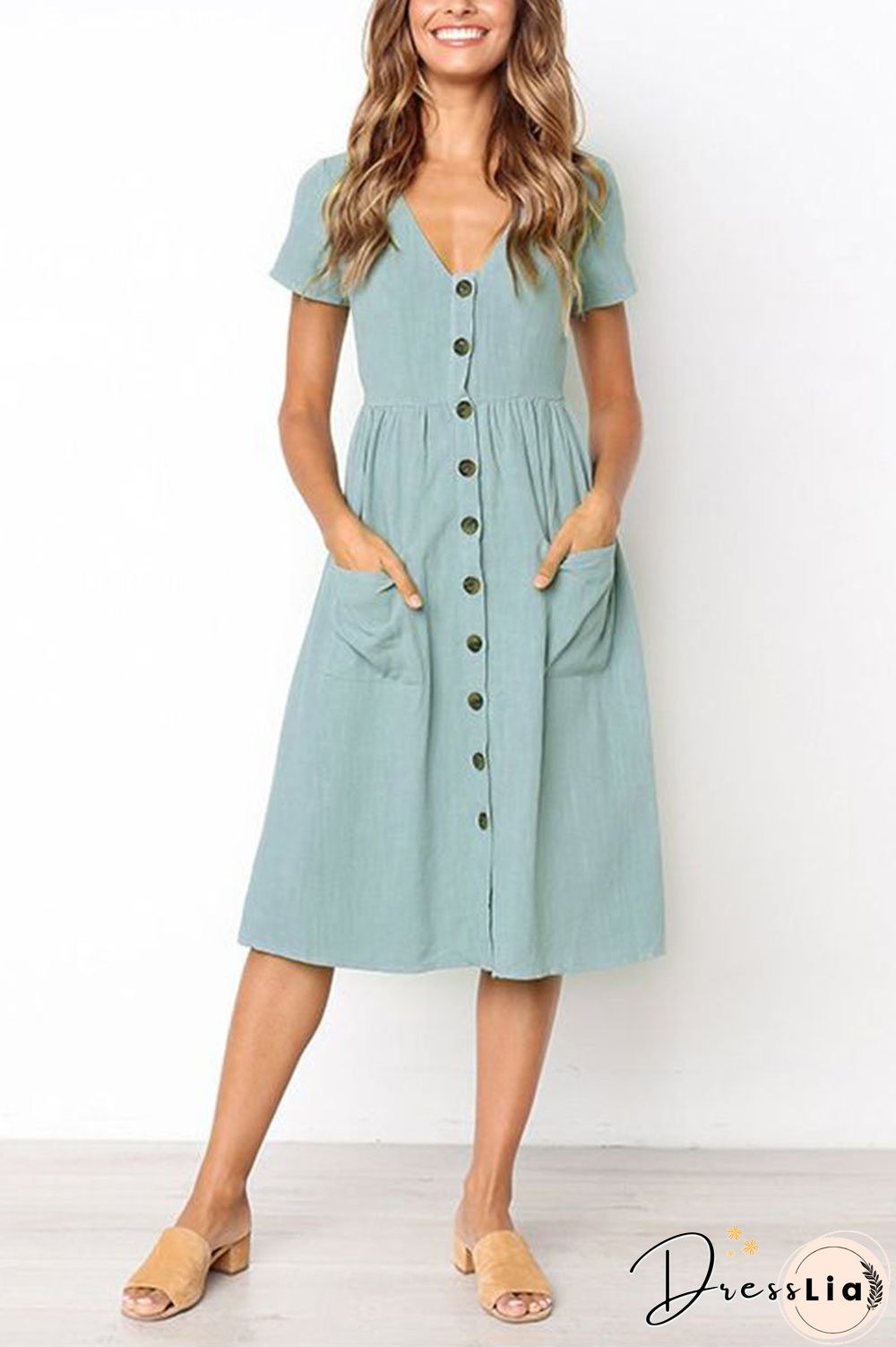 V-neck Pocket Midi Dress(4 Colors)
