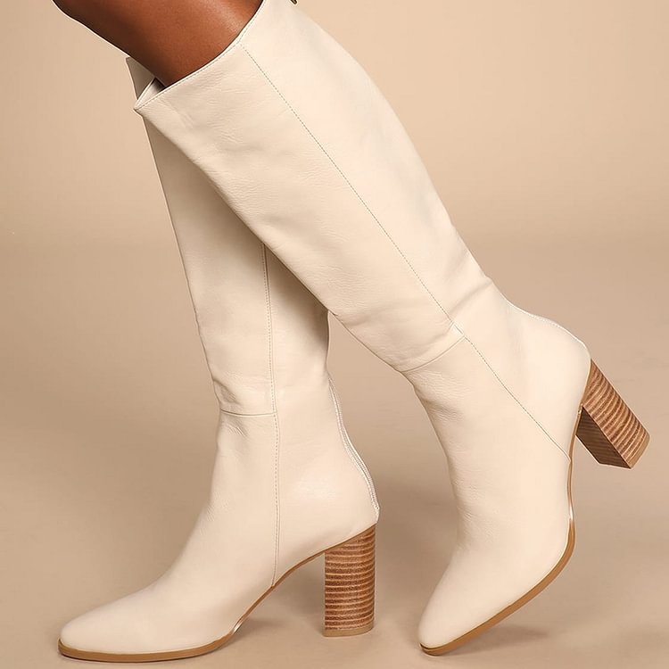 White Knee High Boots Women's Fashion Pointy Toe Chunky Heel Booties |FSJ Shoes