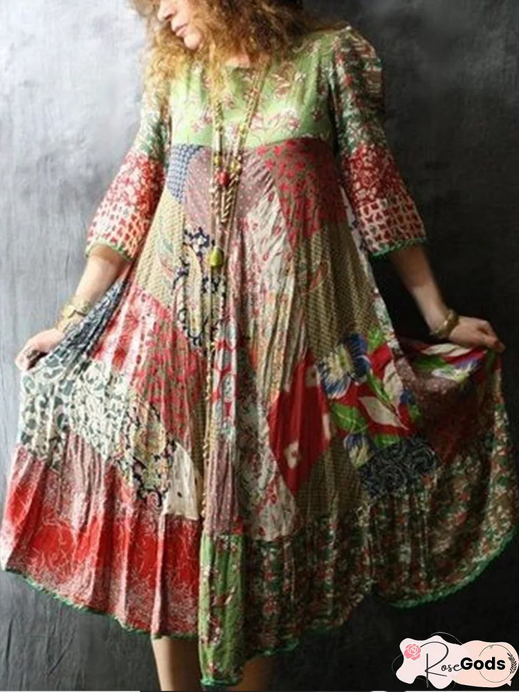 Plus Size Floral Vintage Cotton-Blend Weaving Dress