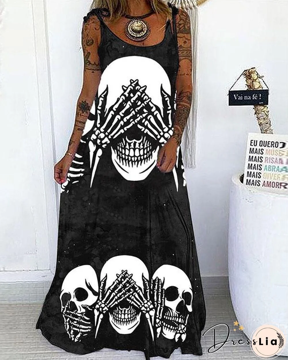 Creative Skull Print Lace up Spaghetti-Strap Maxi Dress