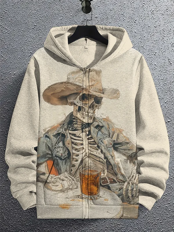 Men's Cool Skeleton Cowboy Whiskey Watercolor Print Hooded Zip Up Jacket