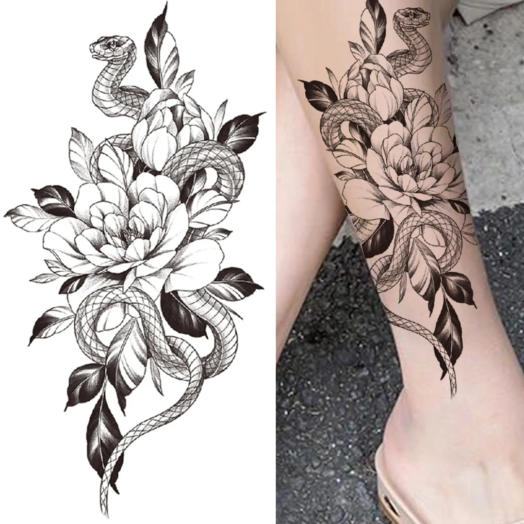 Realistic Snake Flower Temporary Tattoos For Women Girls Black Peony Anemone Orchid Rose Tattoo Sticker Fake Self Adhesive Tatoo