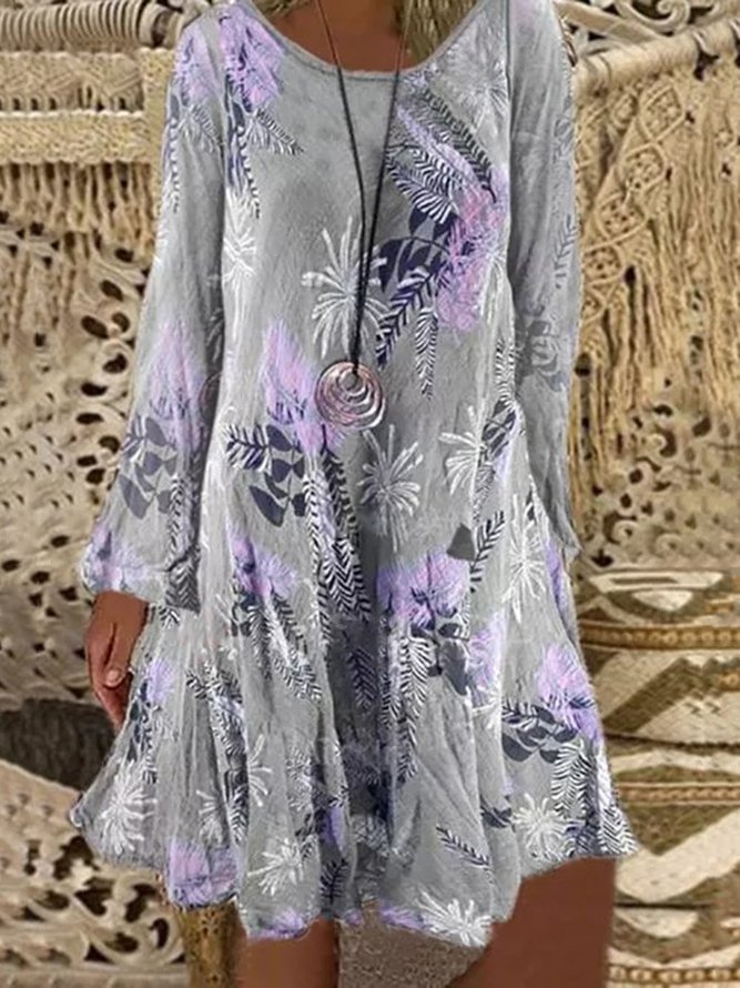 Gray Floral Printed Casual Vintage A-Line Long Sleeve Dresses - VSMEE