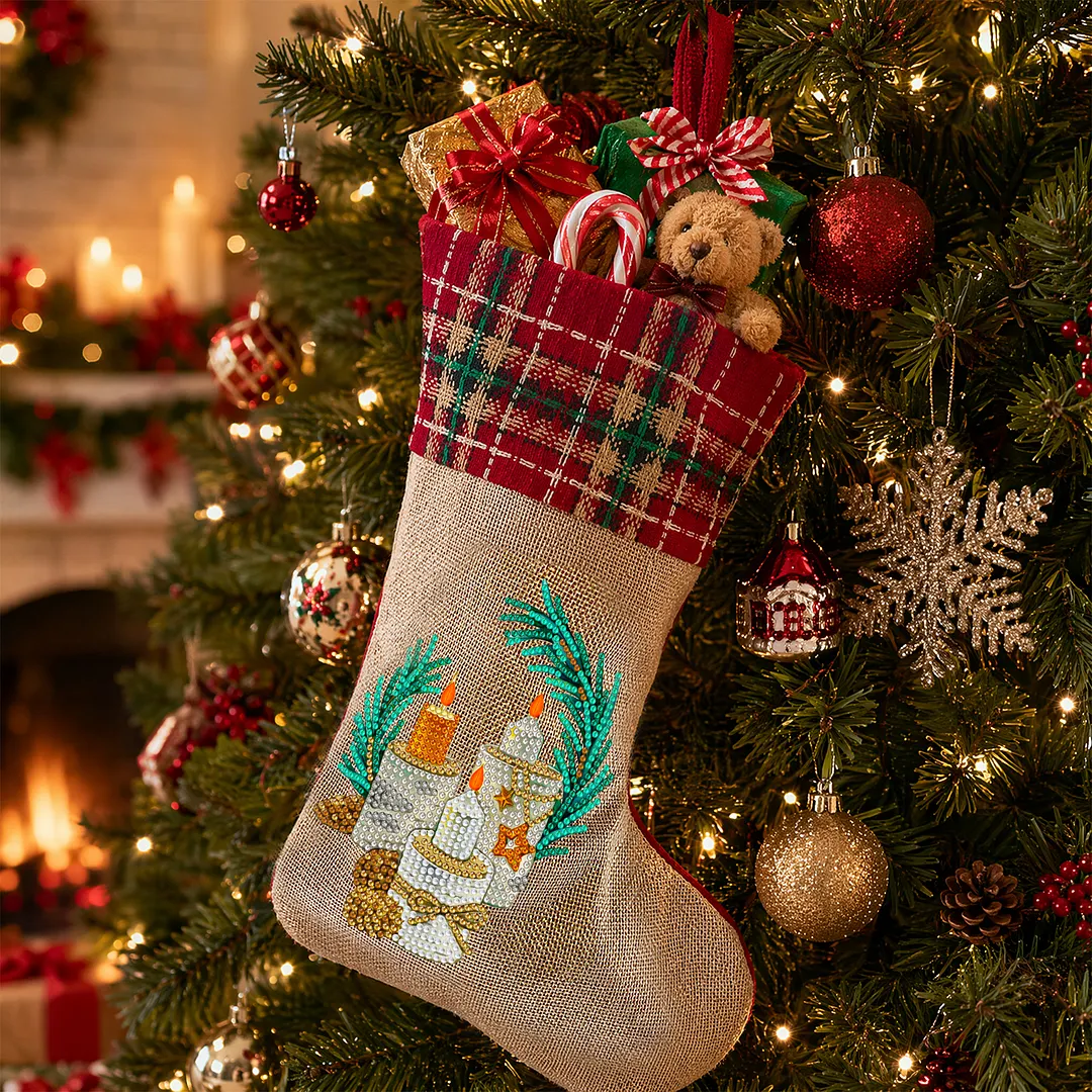 DIY Diamond Painting Christmas Stockings Hanging Ornaments Large Capacity Xmas Socks Pendant Wear Resist Candy Gift Storage Bags for Family Christmas Holiday Party Decoration (Bright candle)