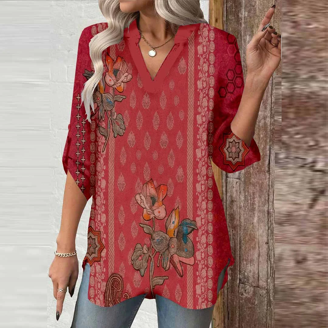 Women Floral, Retro, Red DZGA0505 3/4 Sleeve V-neck Printed Graphic Button Tops