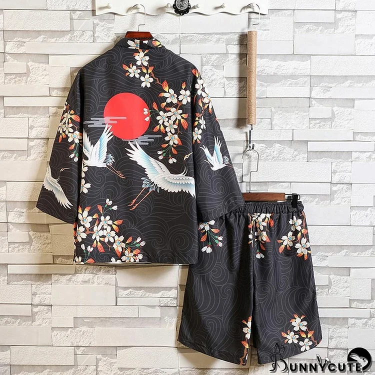 Vintage Crane Print Cardigan Kimono Outerwear Shorts Set