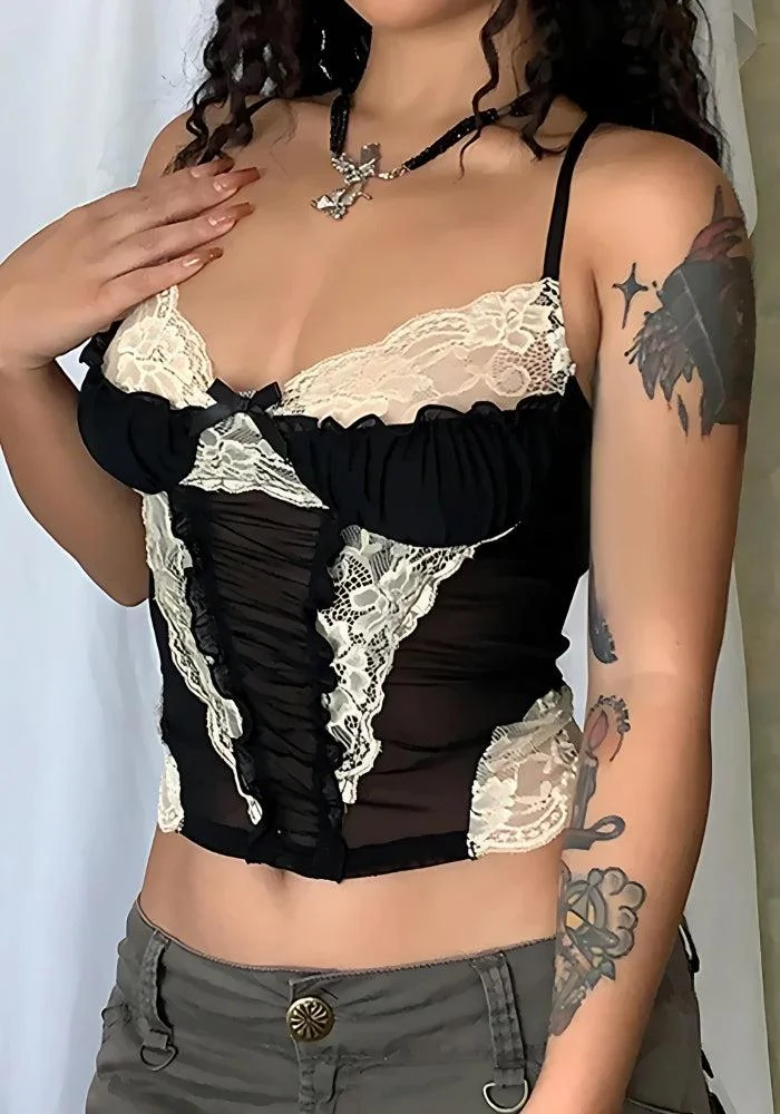 Brownm Lace Sheer Cropped Top