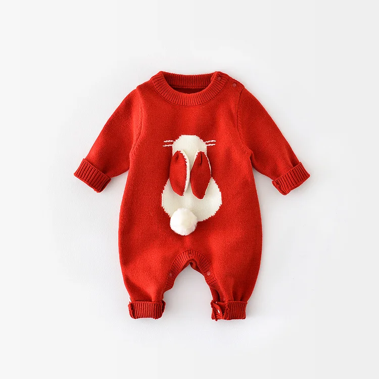 Baby Girl Red 3D Rabbit Design Long Sleeve Knitted Romper