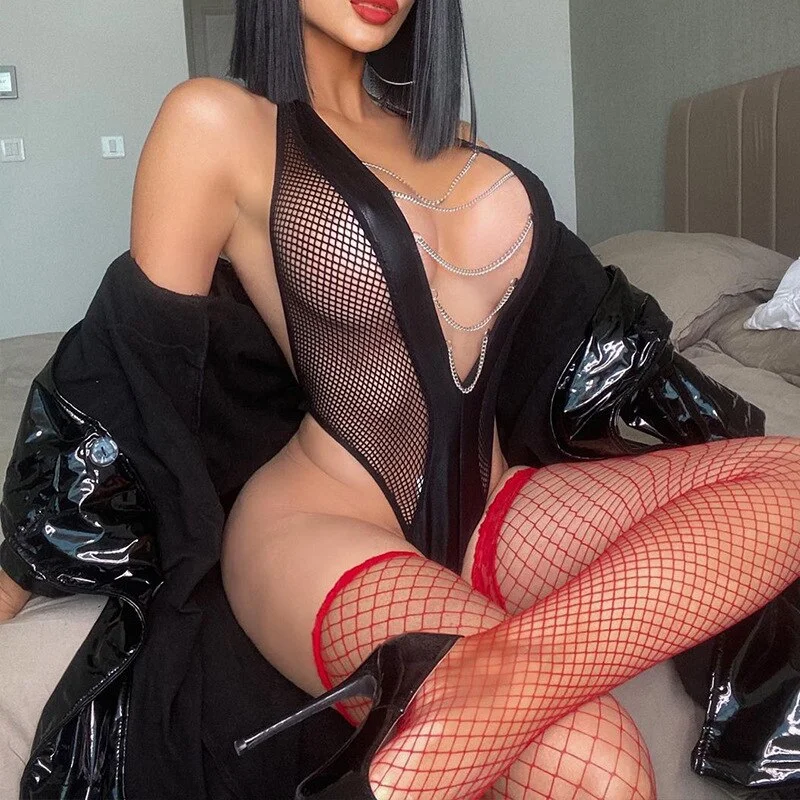 MIRABELLE Sexy Lingerie Deep V Porno Mesh Body See Through Halter Bodysuit Women Metal Chain Exotic Sets Erotic Costumes