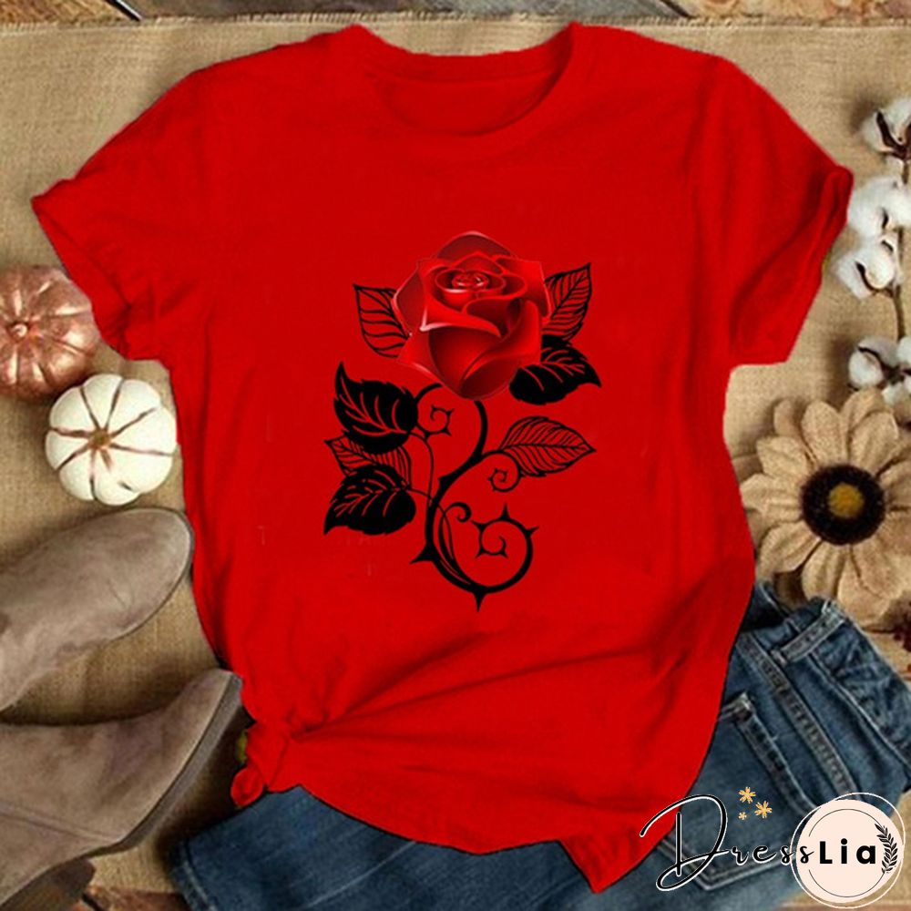 Girls and Women's Fashion Red Rose Printed T-Shirt Cute Graphic Tee Shirt Ladies Summer T-shirts Casual Plus Size Tops Flower T Shirts