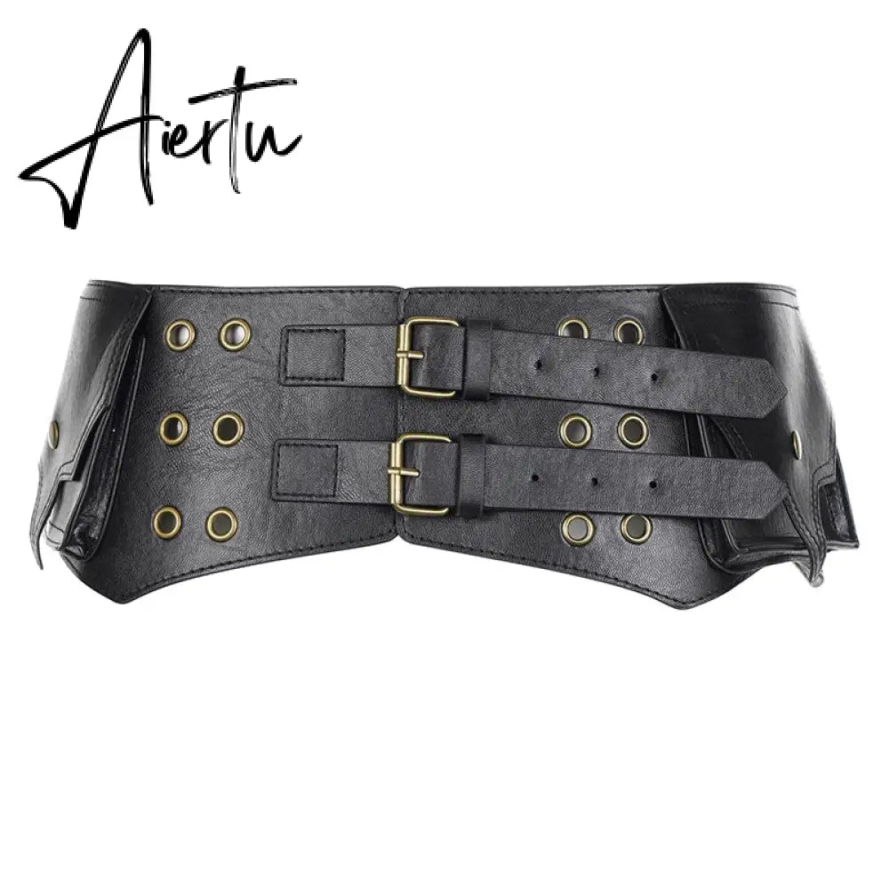 Aiertu Vintage Big Pockets Pu Leather Belt Y2K Safari Style Women'S Outdoor Fashion Skirts Jeans Trouser Decorative Waistband Aiertu