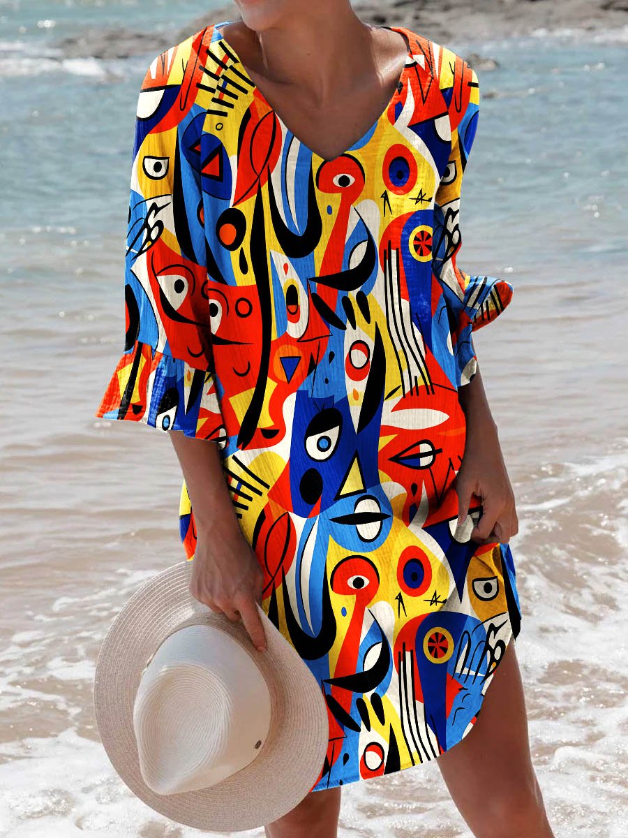 Women's Abstract Art Style Picasso Print Ruffled Dress
