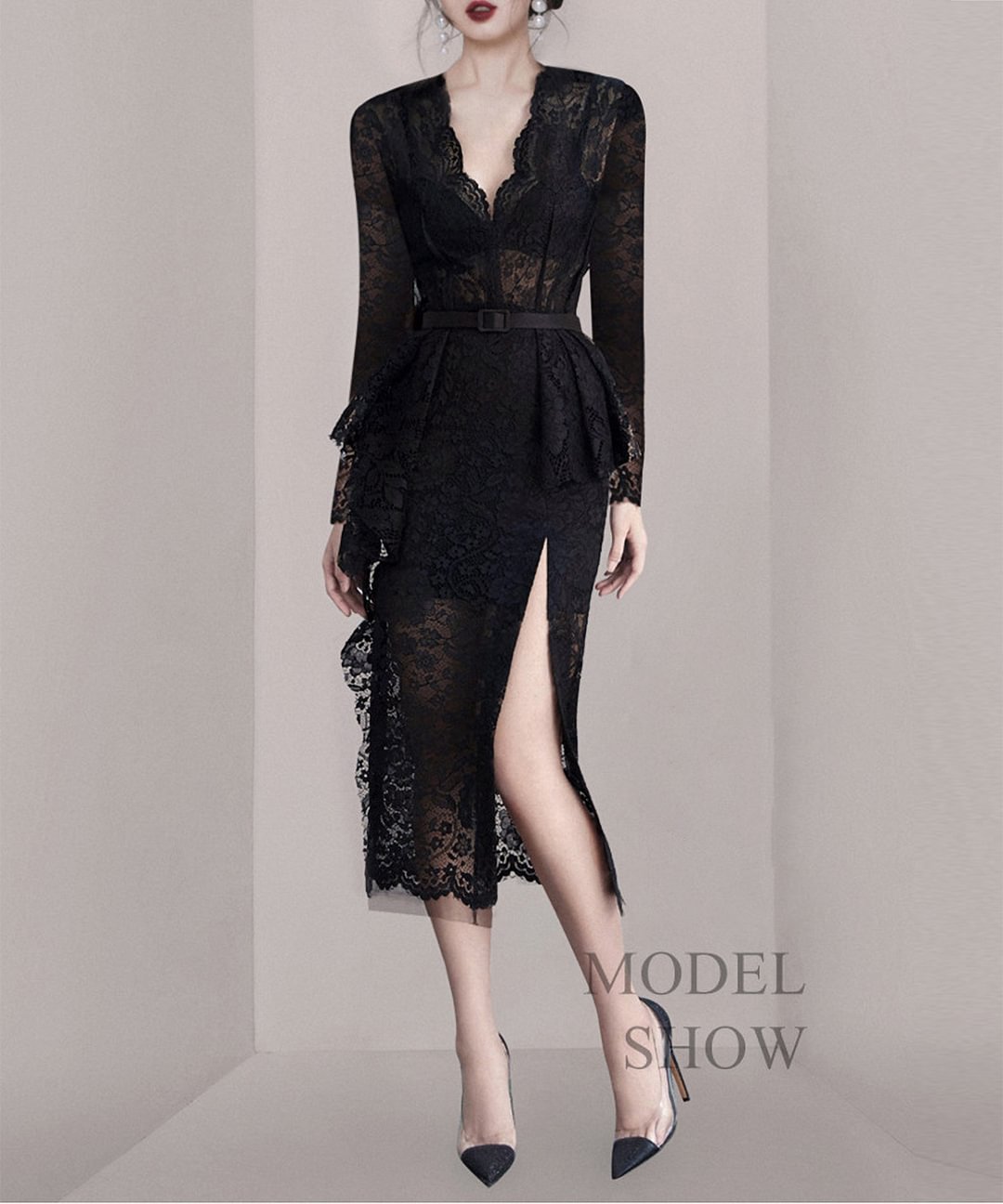 パーティードレス ワンピース 透け感 レースワンピース おしゃれ 春 レディース 黒ドレス レース Vネック セクシー スリット お呼ばれ 結婚式 二次会 フォーマル エレガント 長袖 ロングワンピース