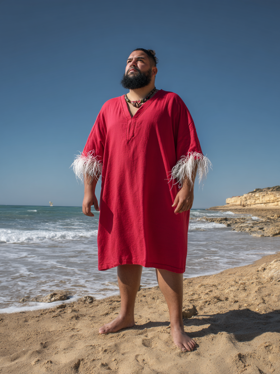 Crimson Rapture Feather-Sleeve Kaftan