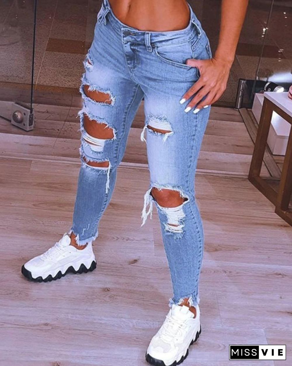 Fringe Hem Cutout Distressed Denim Pants P12077