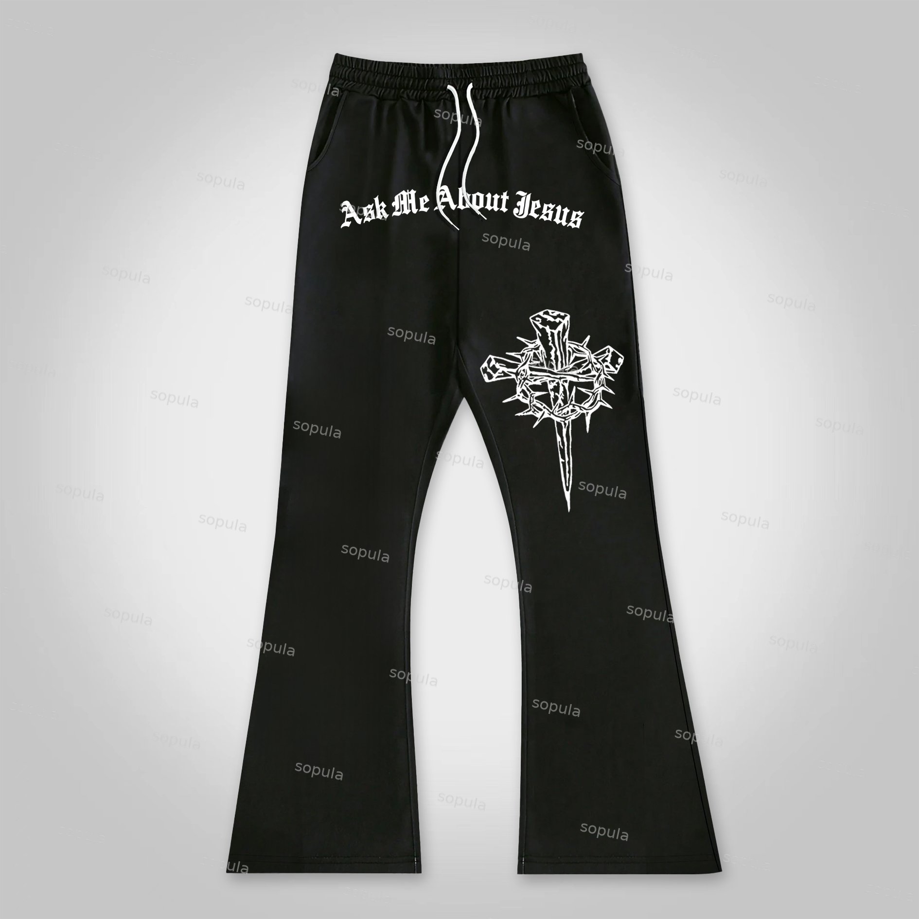 Sopula Ask Me About Jesus Cross Graphic Flared Sweatpants - SOPULA