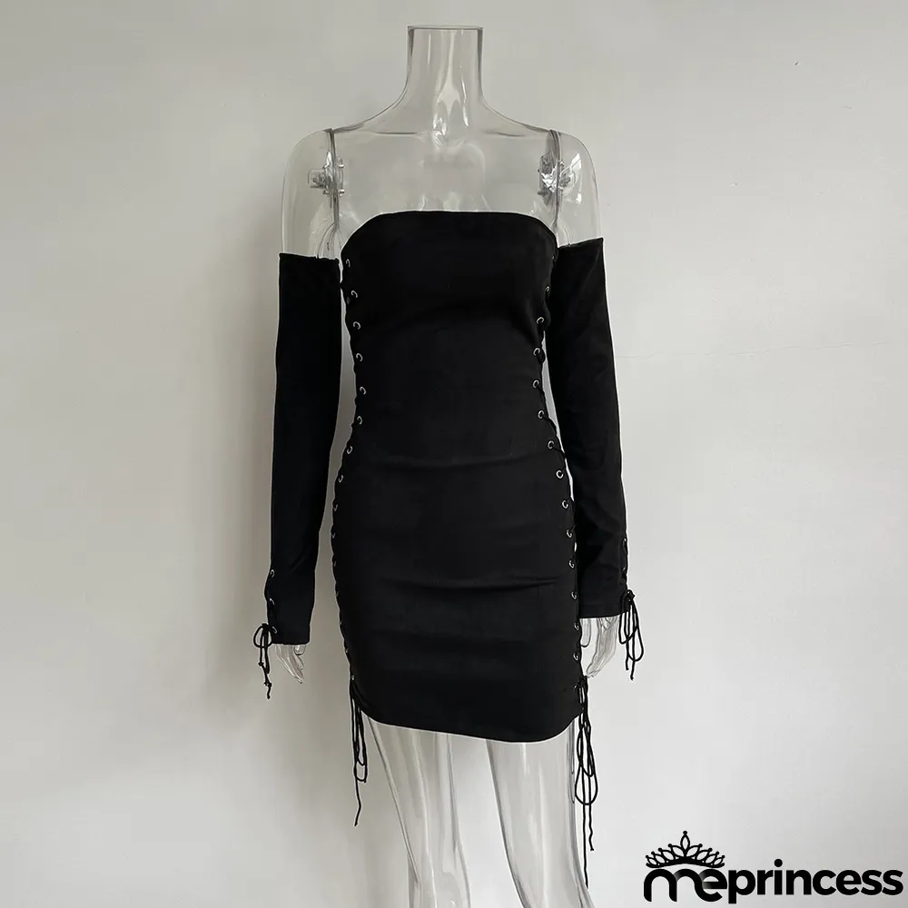 Summer Solid Color Strapless Lace-Up Club Dress With Sleeves