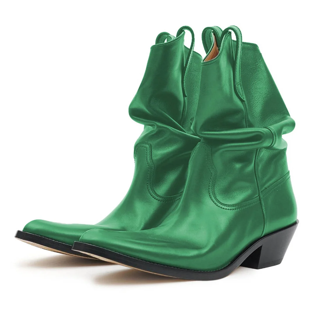 Shiny Green Almond Toe Side Loops Silhouette Boots with Block Heel